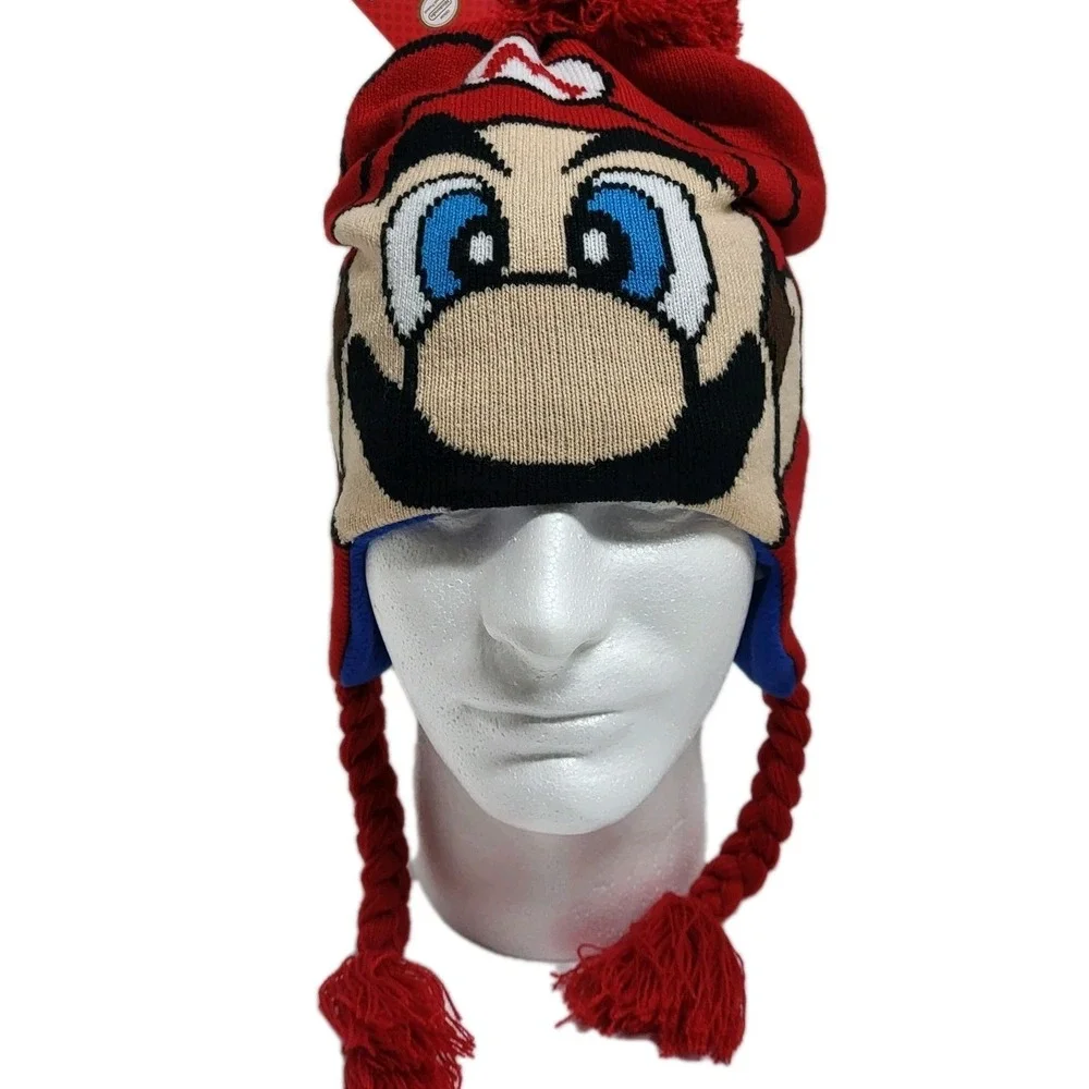 Nintendo Super Mario Red Winter Beanie Hat w/ Ear Flaps & Pom Pom – One Size NWT